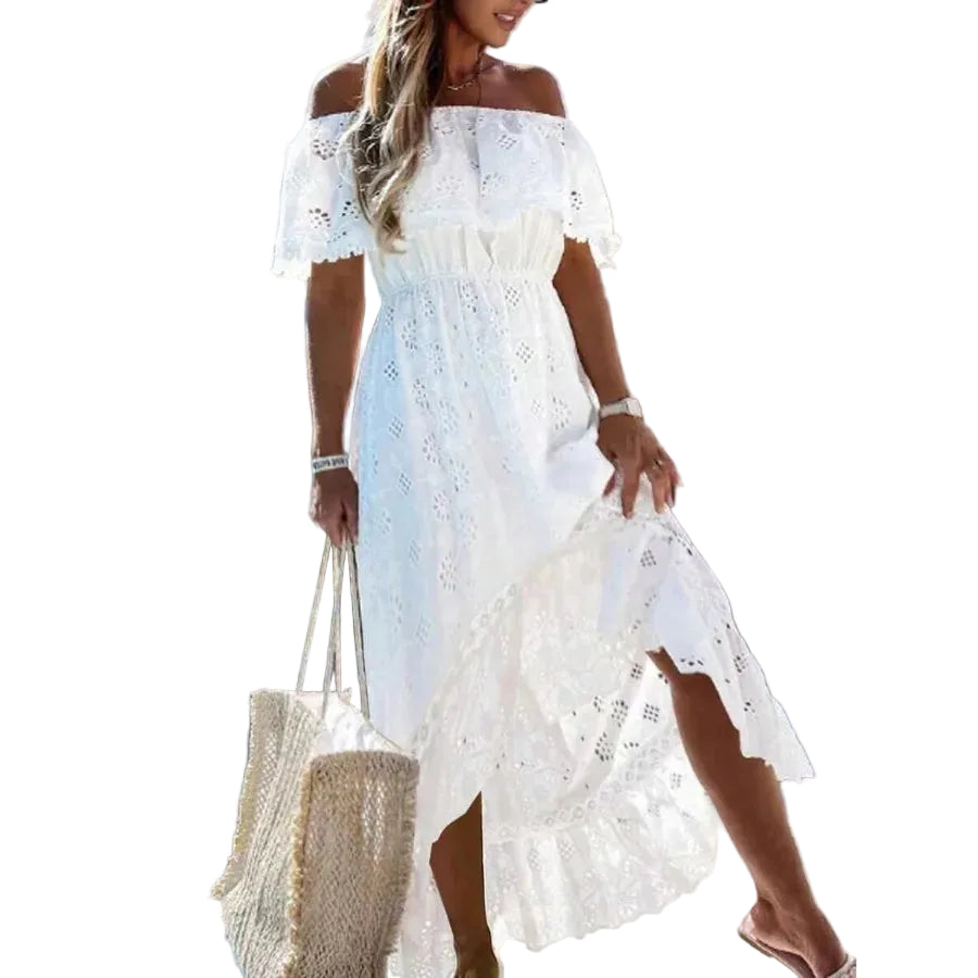 Off Shoulder Eyelet Embroidered Maxi Dress with Flowy Vacation Silhouette