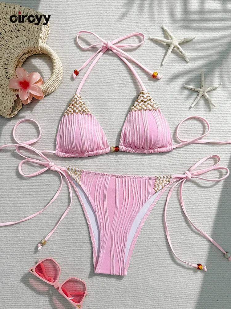 Pastel Pink Textured Triangle Bikini with Woven Bead Trim