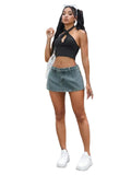 High Waist A-Line Denim Mini Skirt with Distressed Hem Detail