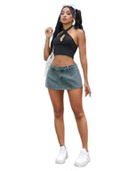 High Waist A-Line Denim Mini Skirt with Distressed Hem Detail