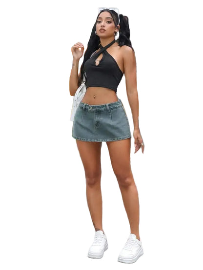 High Waist A-Line Denim Mini Skirt with Distressed Hem Detail