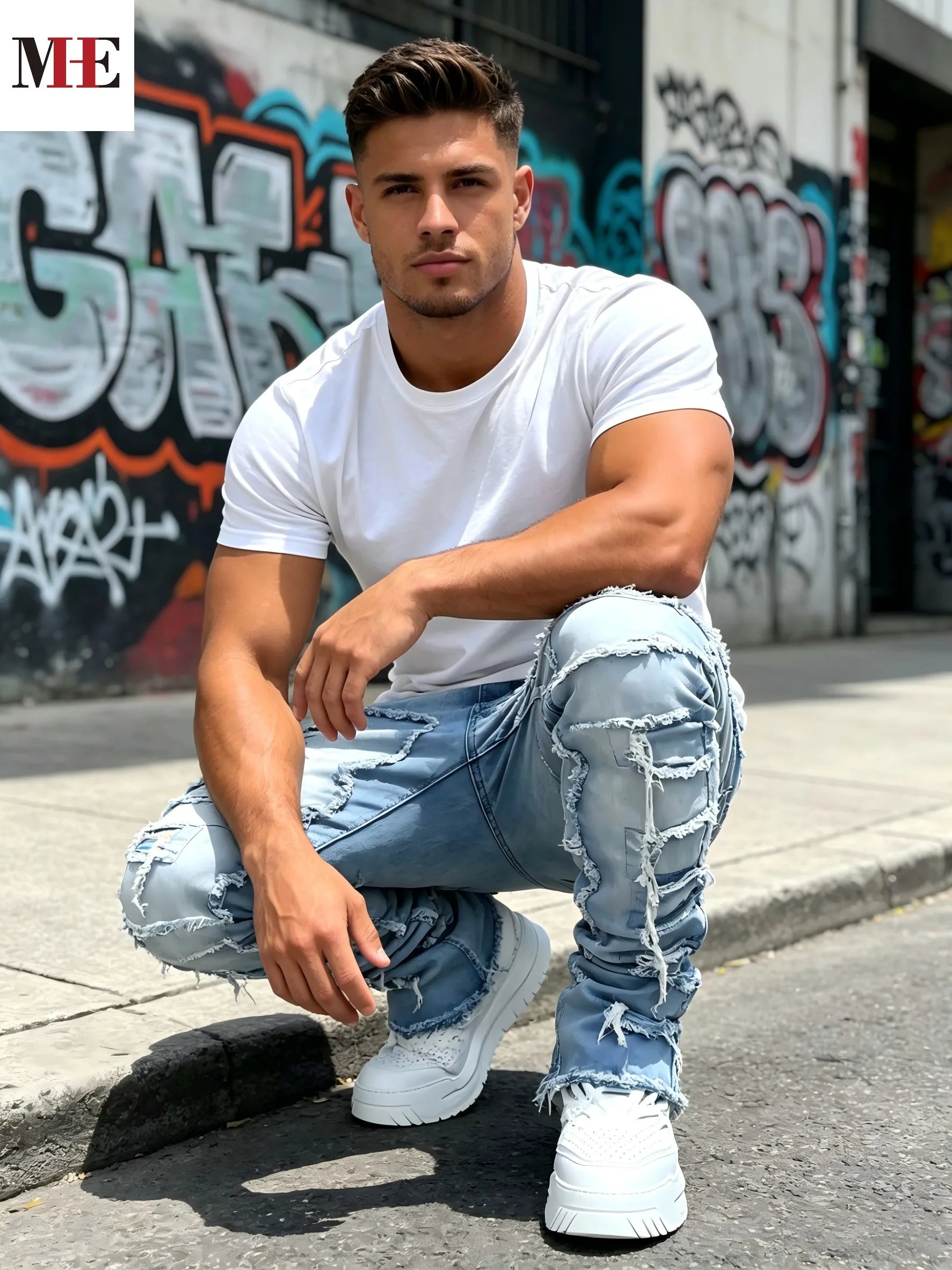 Men's Stacked Straight Denim Jeans with Frayed Distressed Details and Vintage Streetwear Fit