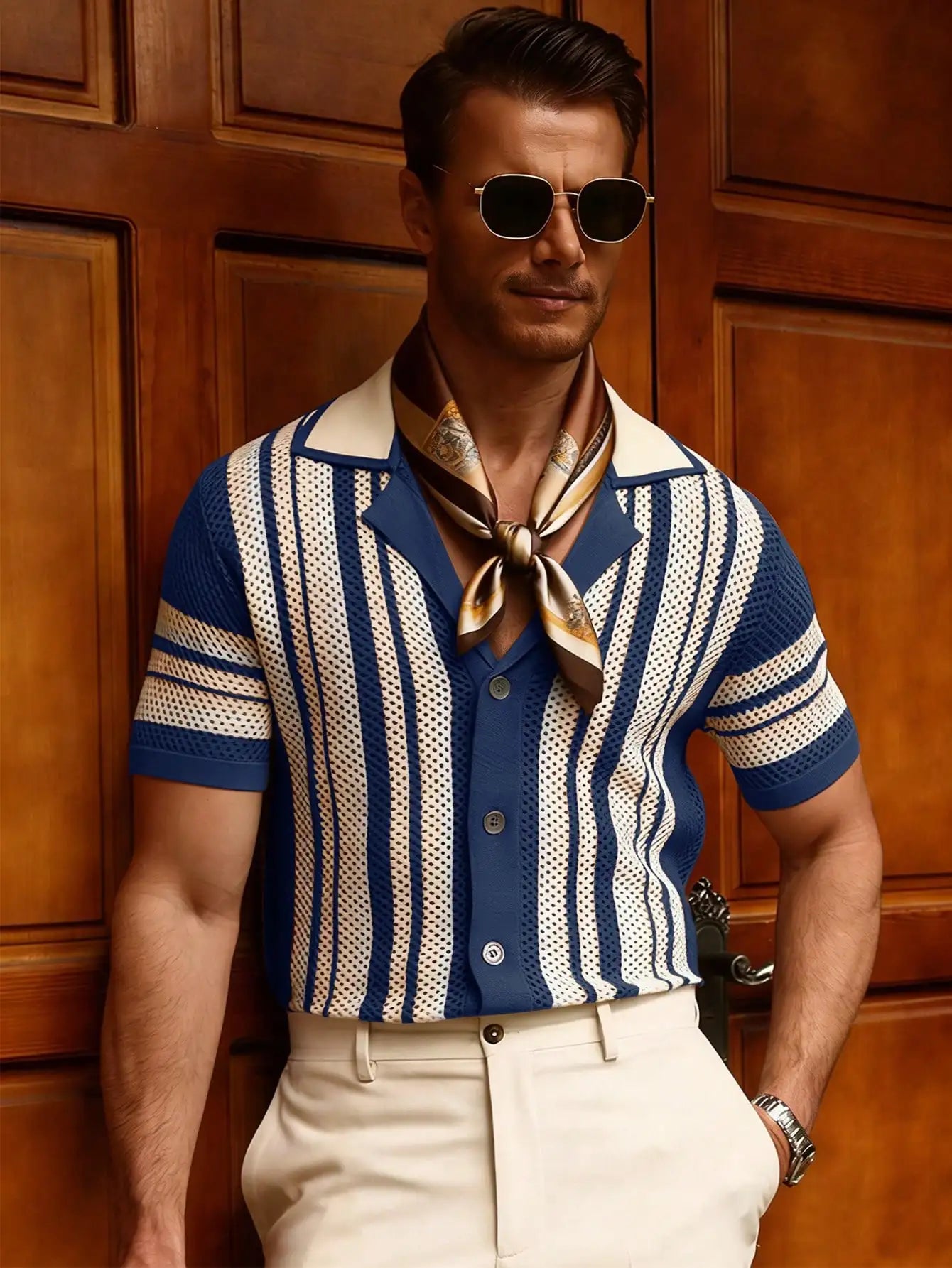 Men's Vertical Stripe Short Sleeve Knit Cardigan with Retro Summer Silhouette