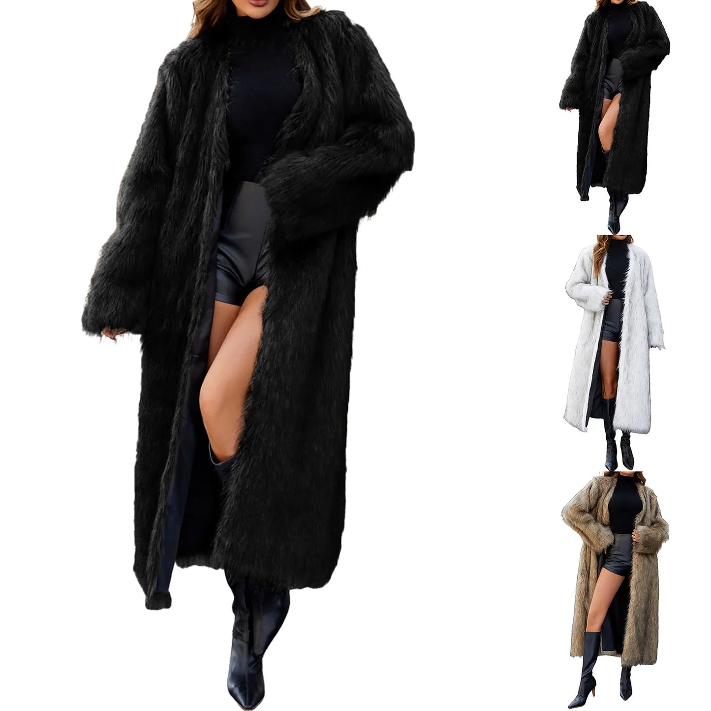 Women's Long Faux Fur Open Front Relaxed Winter Coat with Soft Plush Streetwear Style
