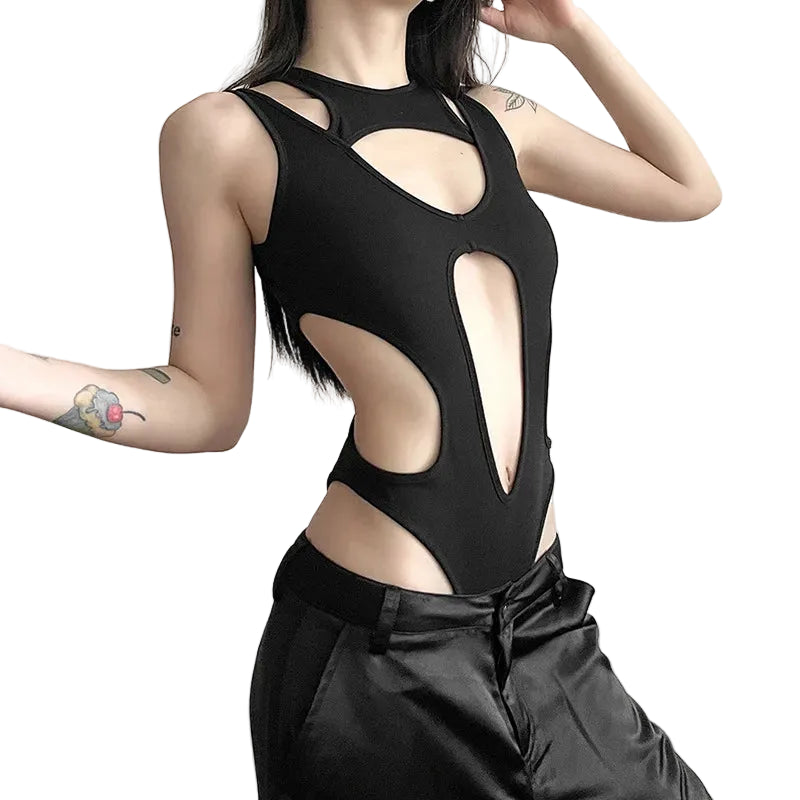 Asymmetric Cutout High Cut Bodysuit for Gothic Techwear Alternative Fashion