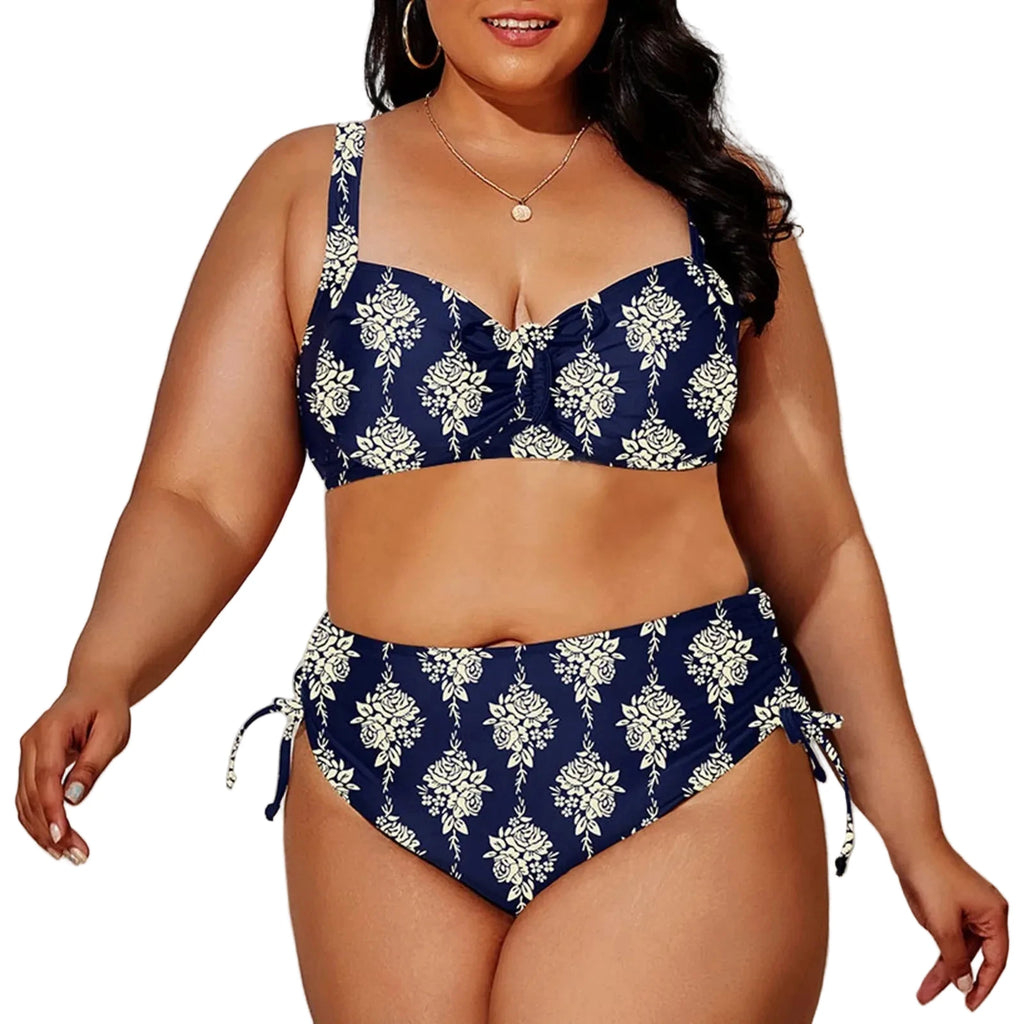 Navy Blue Floral Medallion Two-Piece Bikini Set with High-Waisted Bottom, Shaped Top and Adjustable Side-Tie Details