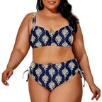 Navy Blue Floral Medallion Two-Piece Bikini Set with High-Waisted Bottom, Shaped Top and Adjustable Side-Tie Details
