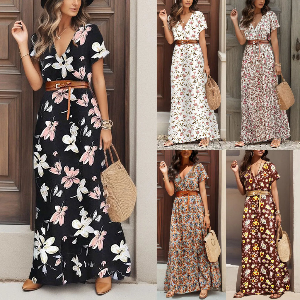 Floral Print A-Line Maxi Dress with Belt and Short Sleeves