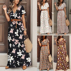 Floral Print A-Line Maxi Dress with Belt and Short Sleeves