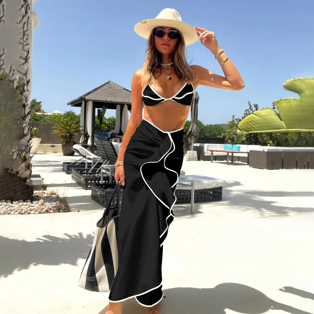 Cream and Black Contrast-Trim Triangle Bikini with Matching Maxi Skirt