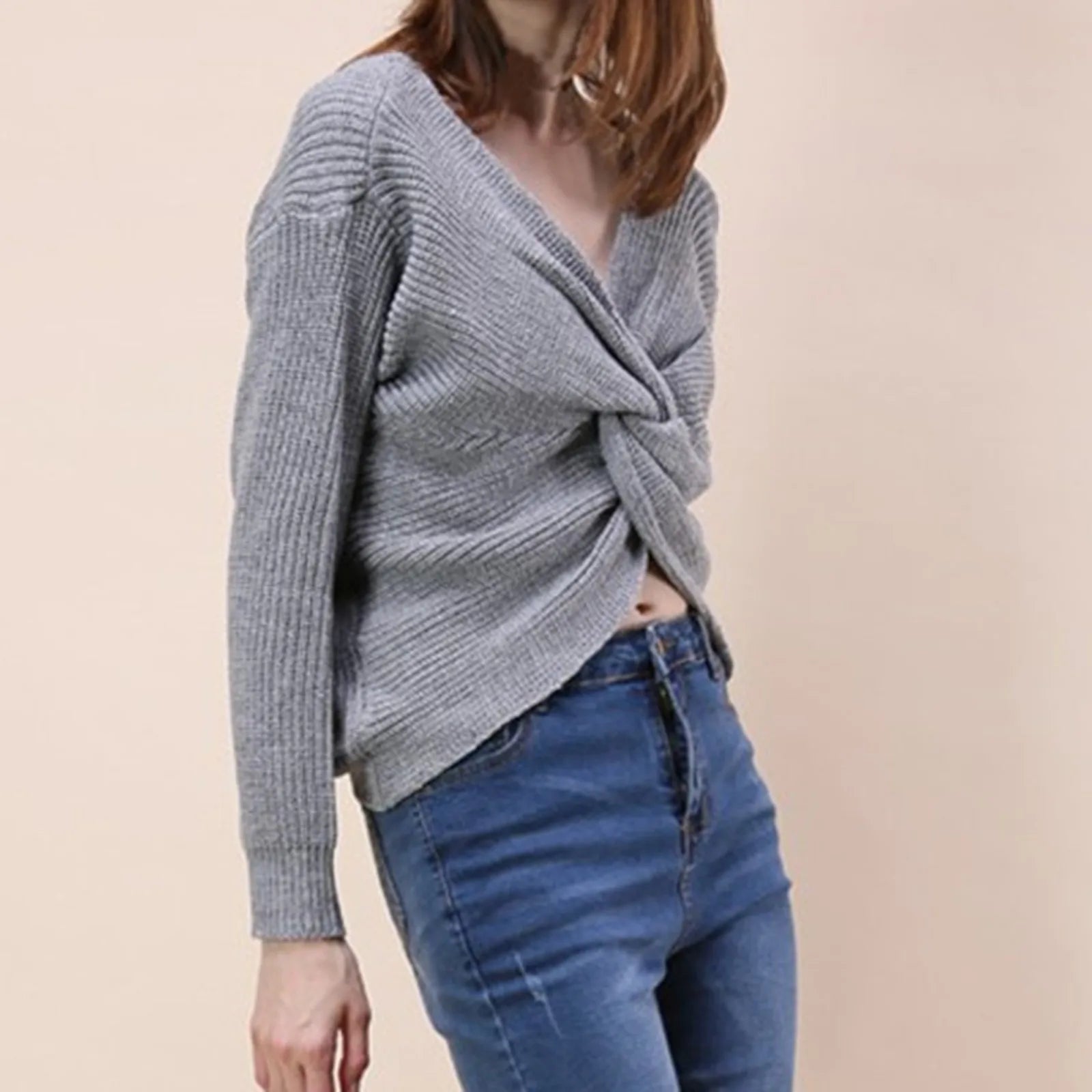 Women's Twisted Front Ribbed Knit Sweater with Cropped Contemporary Silhouette