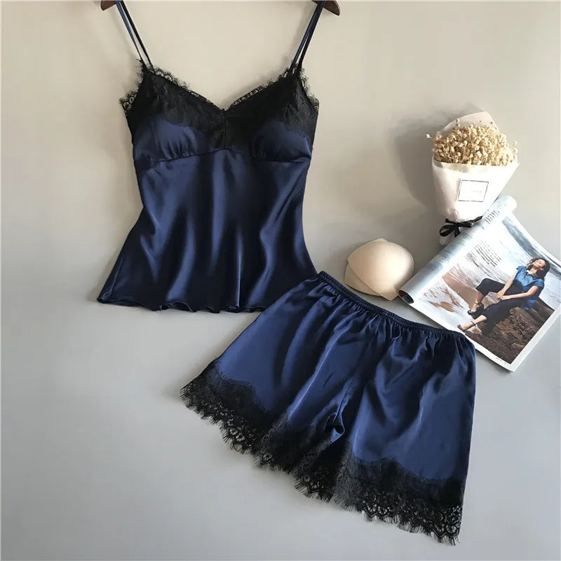 Sleek Satin-Finish Black Camisole and Shorts Sleep Set with Delicate Lace Trim