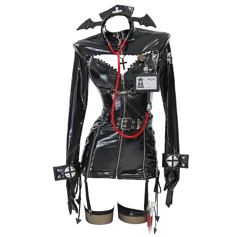 Women's High Gloss Faux Leather Uniform Inspired Mini Dress With Hardware And Matching Accessories