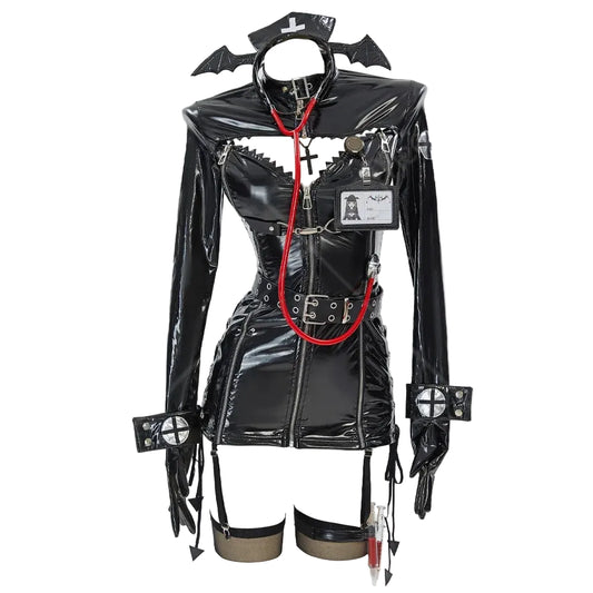 Women's High Gloss Faux Leather Uniform Inspired Mini Dress With Hardware And Matching Accessories
