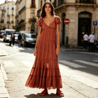 Pleated Maxi Dress With Puff Sleeves And Flowing Silhouette