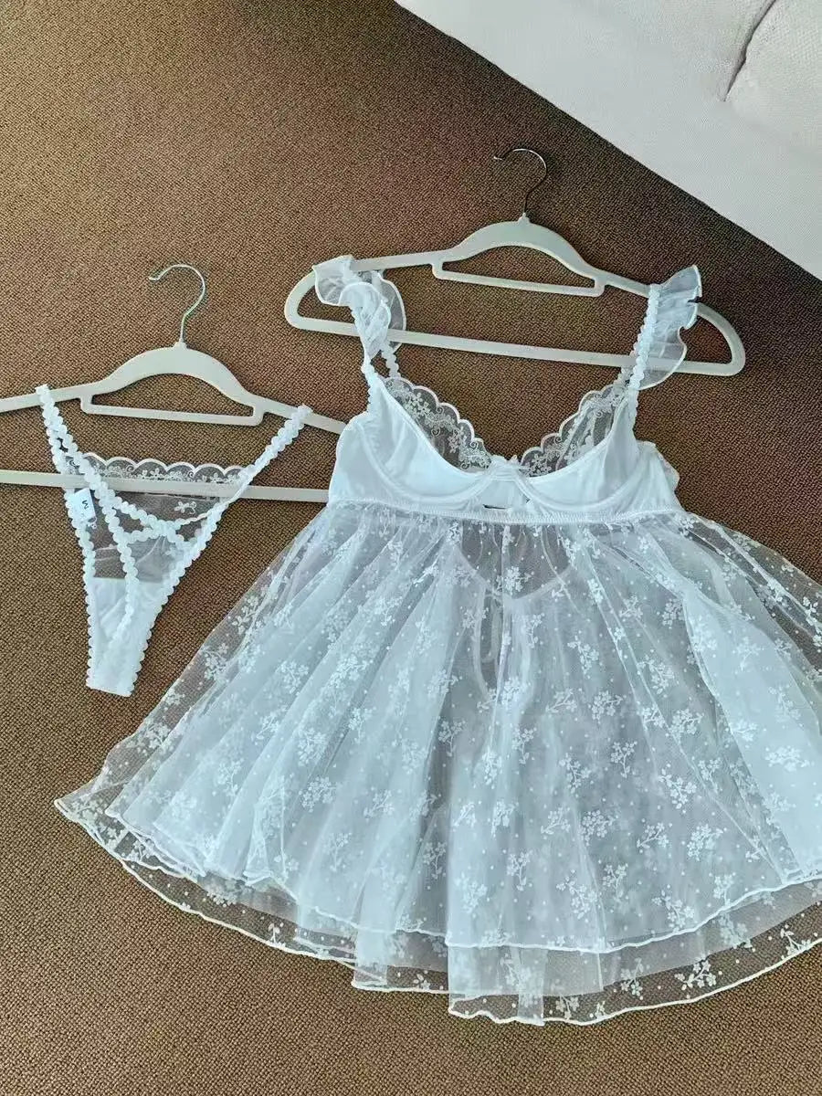 Icy Blue Sheer Floral Embroidered Babydoll Set with Ruffled Straps