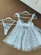 Icy Blue Sheer Floral Embroidered Babydoll Set with Ruffled Straps