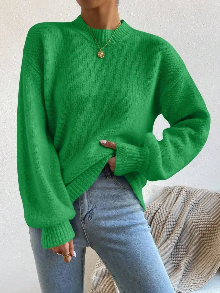 Women's Mock Neck Drop Shoulder Knit Sweater with Relaxed Oversized Silhouette