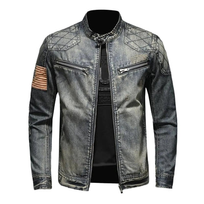 Men's Vintage-Inspired Zip-Up Denim Jacket with Stand Collar Design
