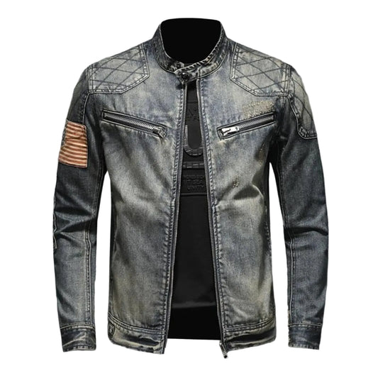 Men's Vintage-Inspired Zip-Up Denim Jacket with Stand Collar Design