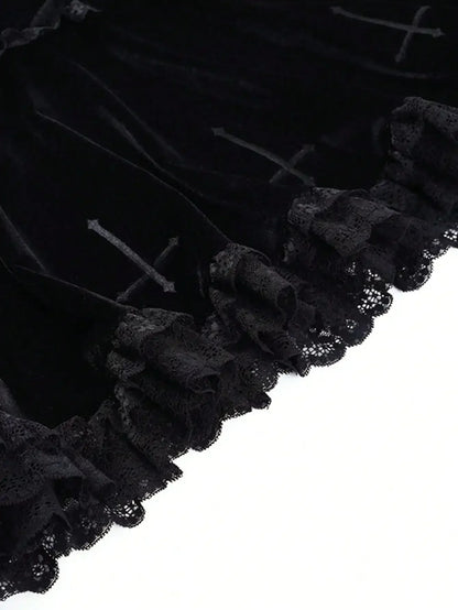 Velvet Lace Trim Mini Skirt Cross Detail Gothic Alternative Fashion Bottom