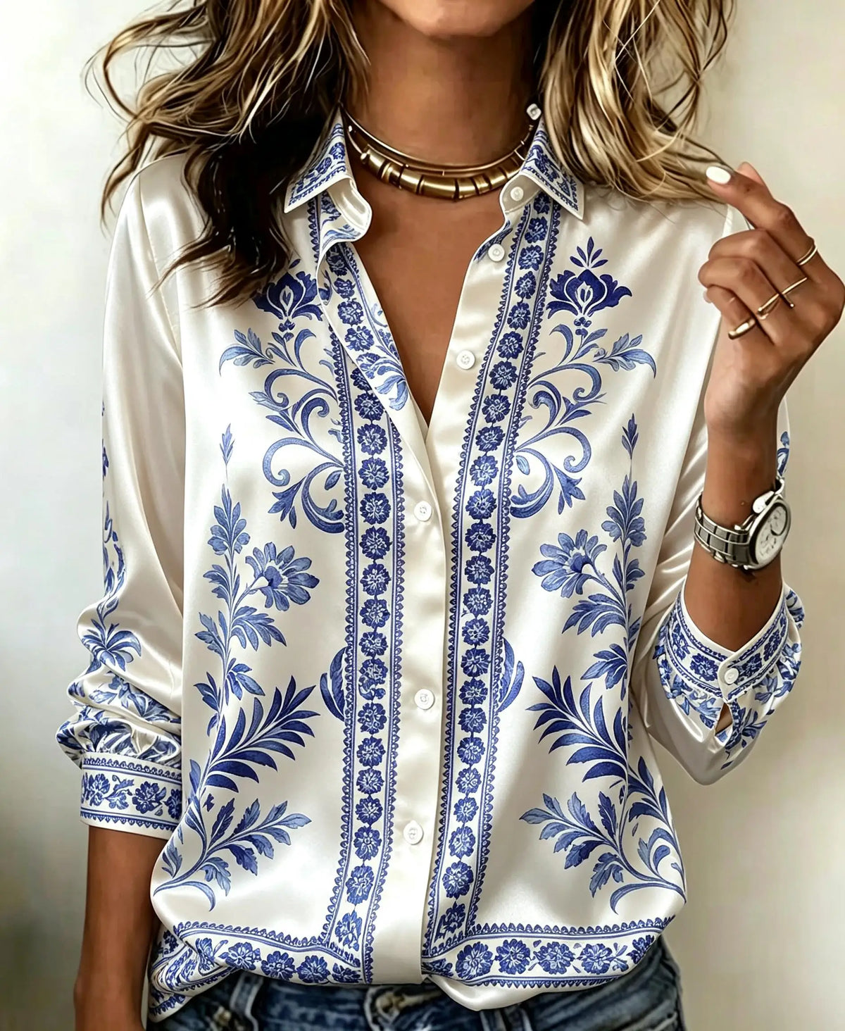 Teal Baroque Print Satin-Finish Blouse with Classic Button-Front Styling
