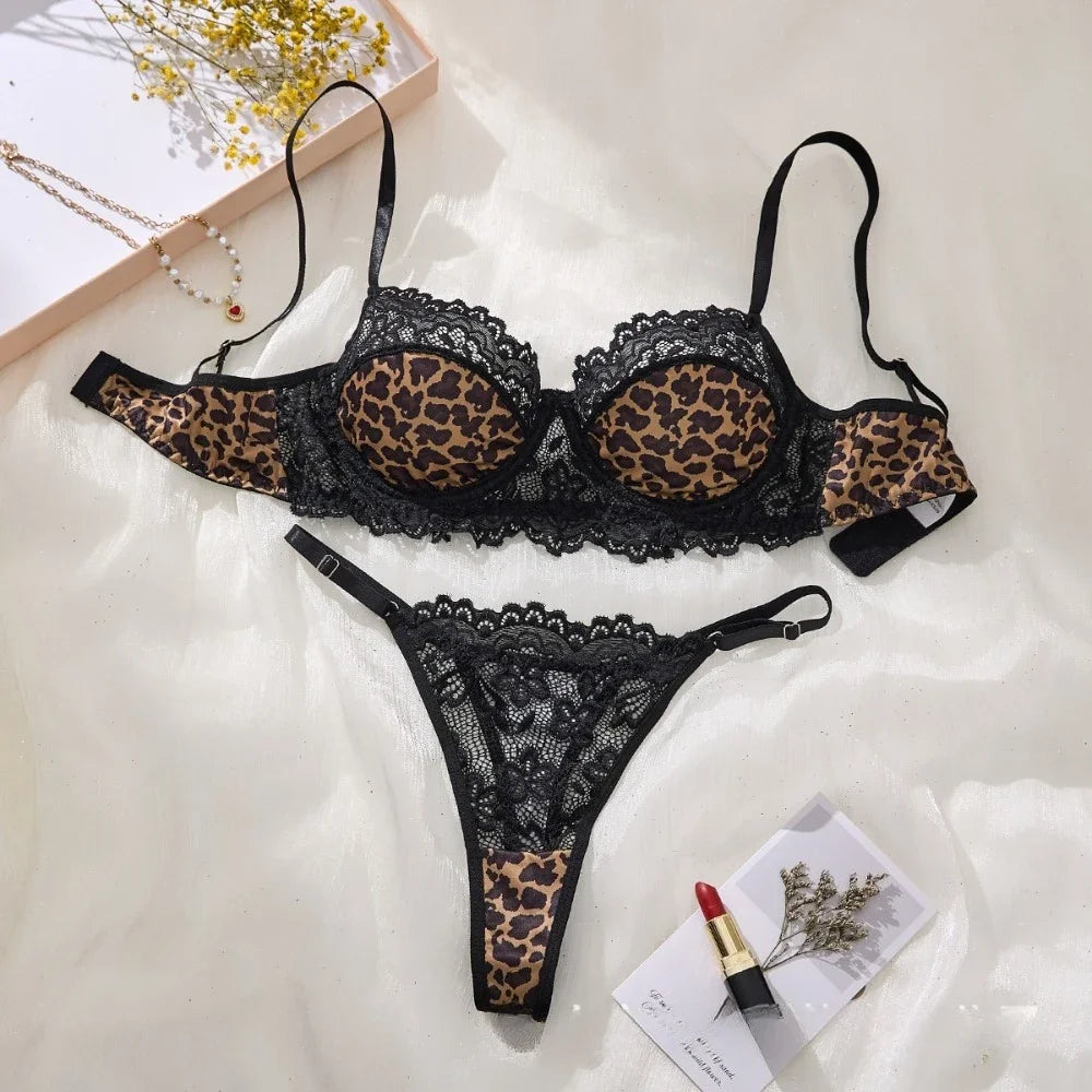 Wild Leopard Print Lace-Trim Demi Push-Up Bra and High-Leg Thong Set
