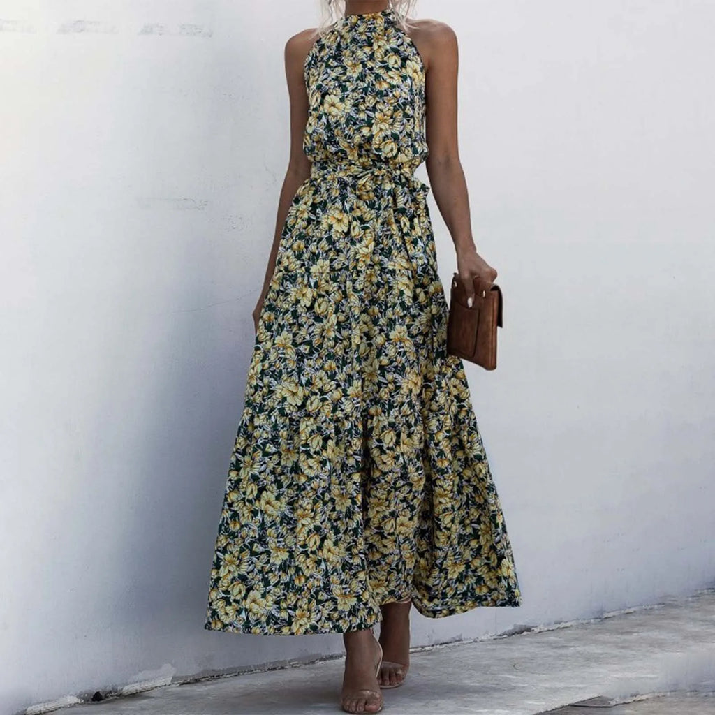 Halter Neck Polka Dot Maxi Dress with Sleeveless A-Line Silhouette