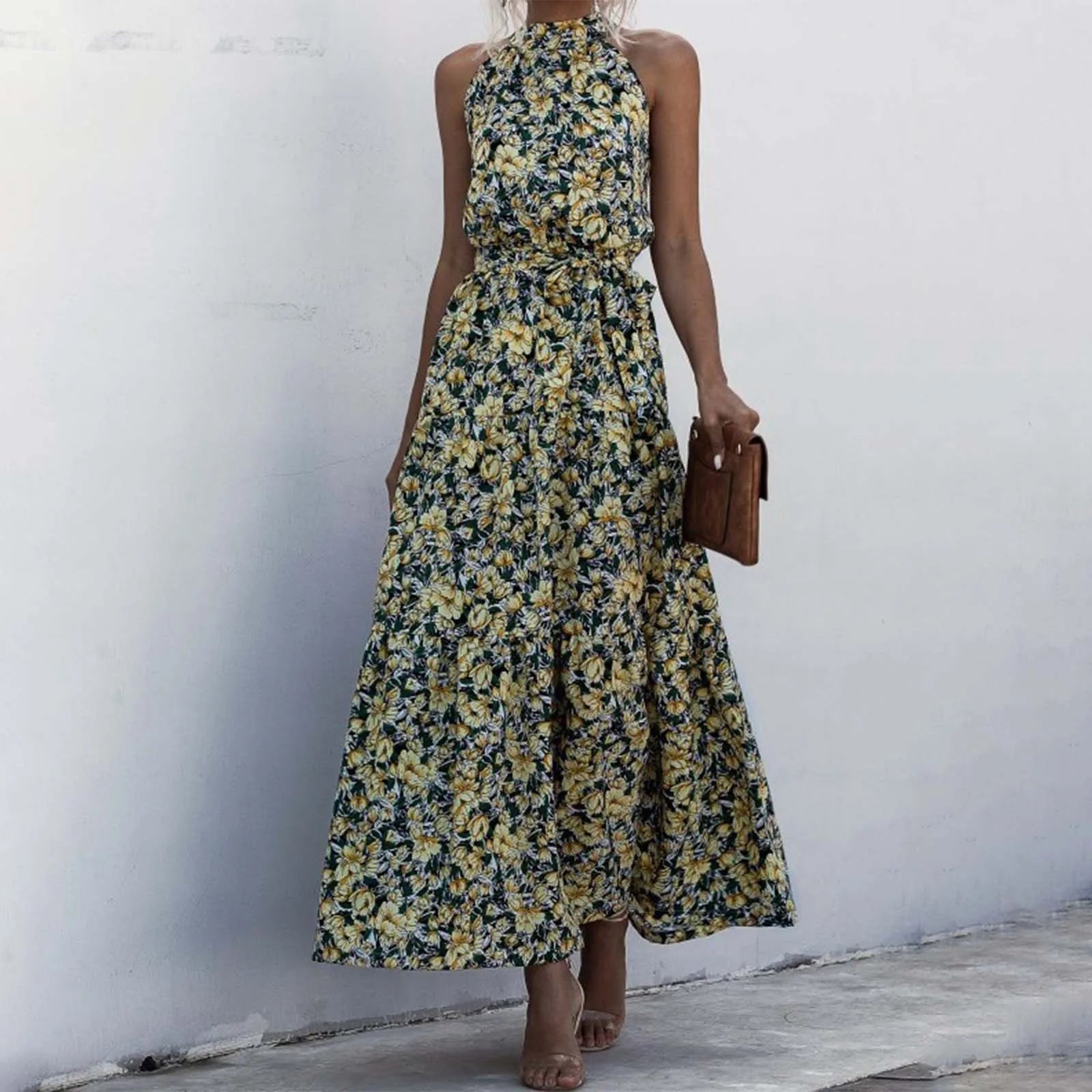 Halter Neck Polka Dot Maxi Dress with Sleeveless A-Line Silhouette