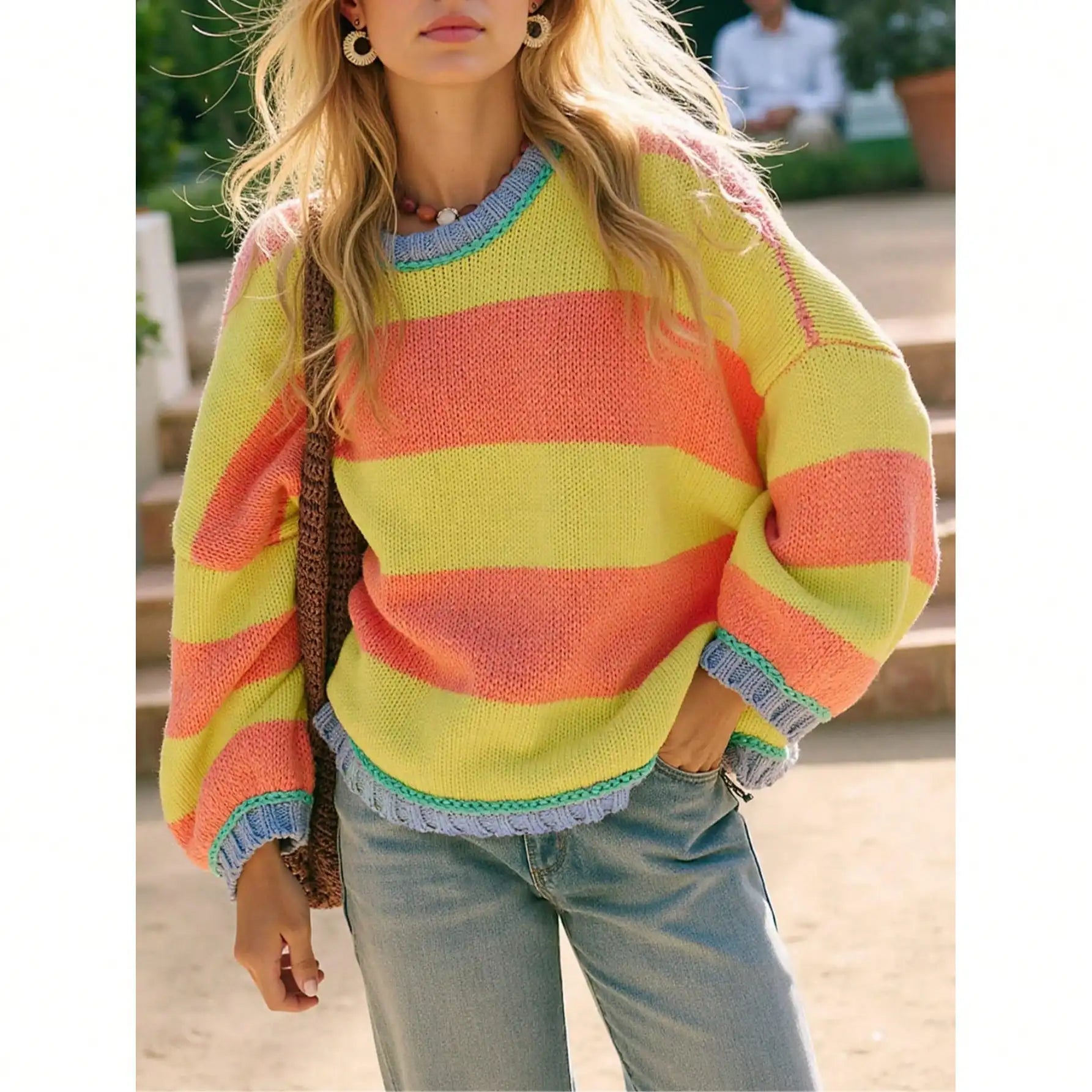 Women's Oversized Color Block Knit Sweater with Relaxed Fit for Cozy Everyday Style