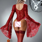Romantic Red Floral Lace Bodysuit with Sheer Flared Sleeves and Lace-Up Side Detailing