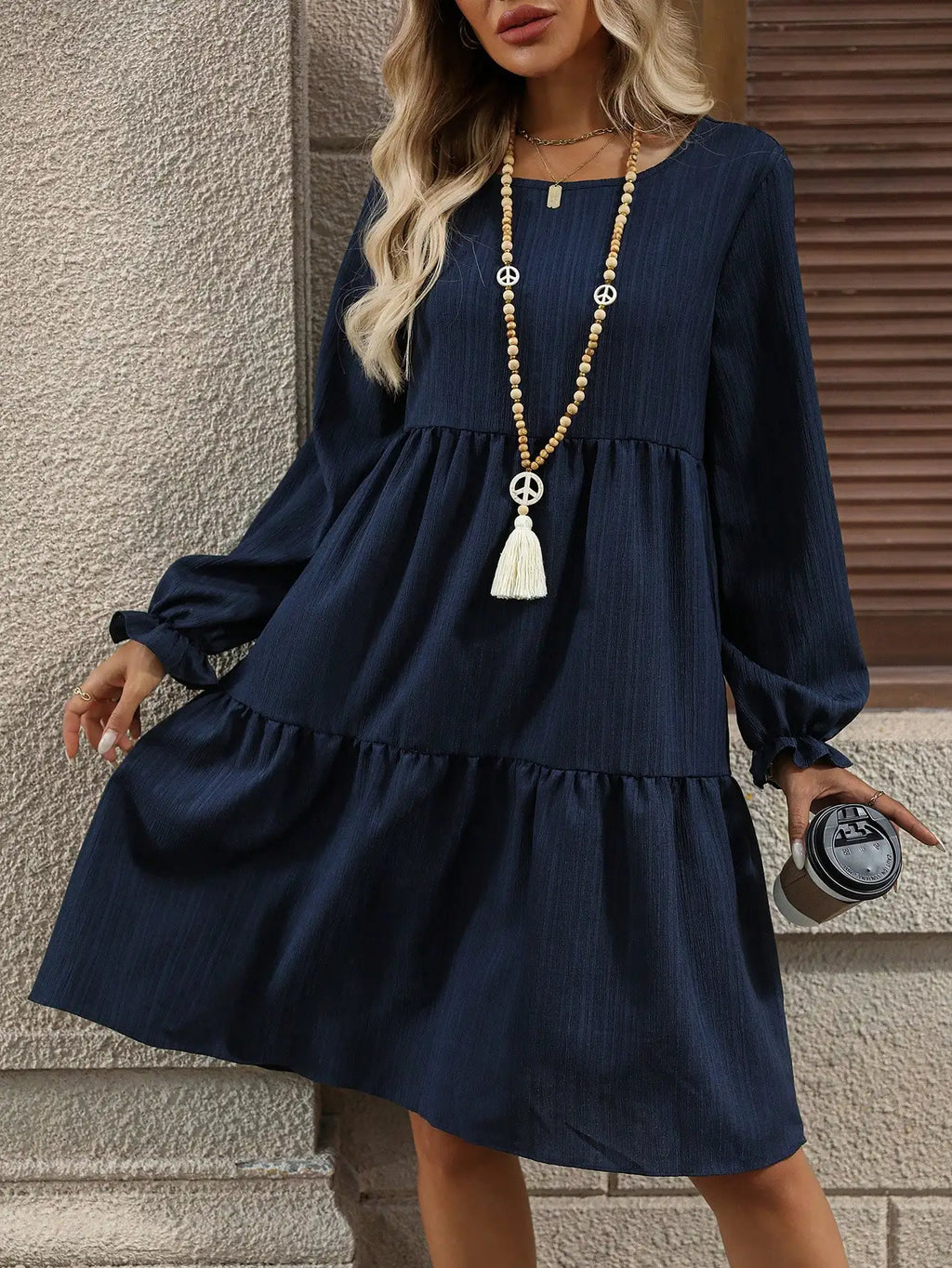 Tiered Long Sleeve A-Line Mini Dress with Relaxed Flowing Silhouette