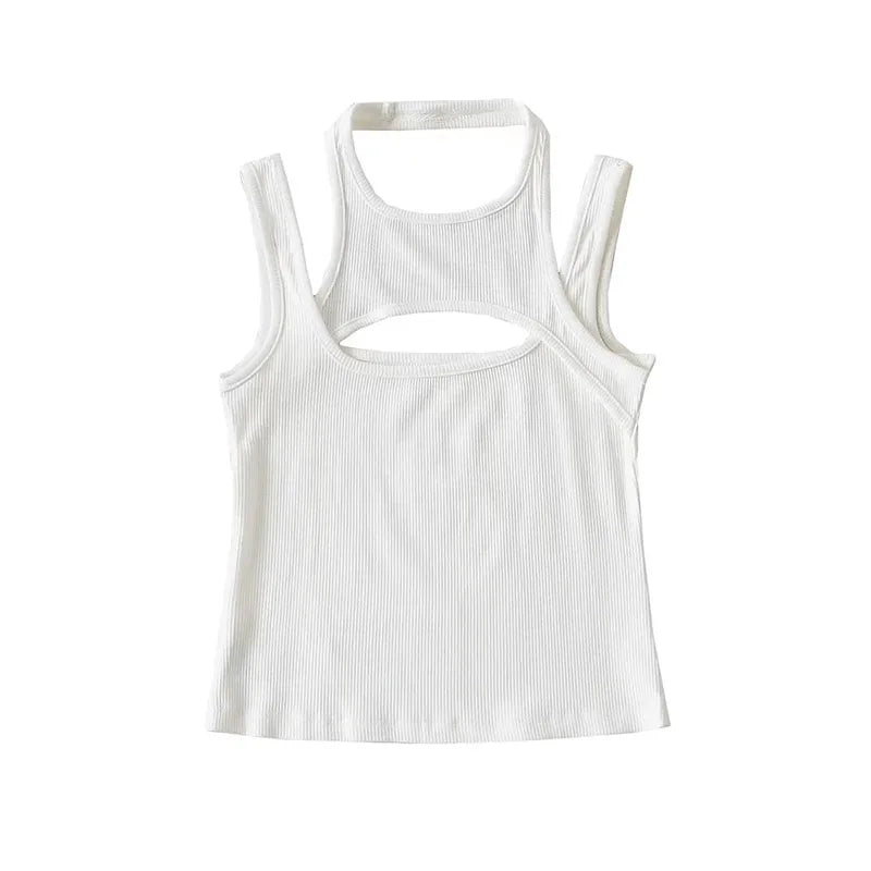 Asymmetrical Cut-Out Ribbed Tank Top with Sleeveless Slim Fit Streetwear Design