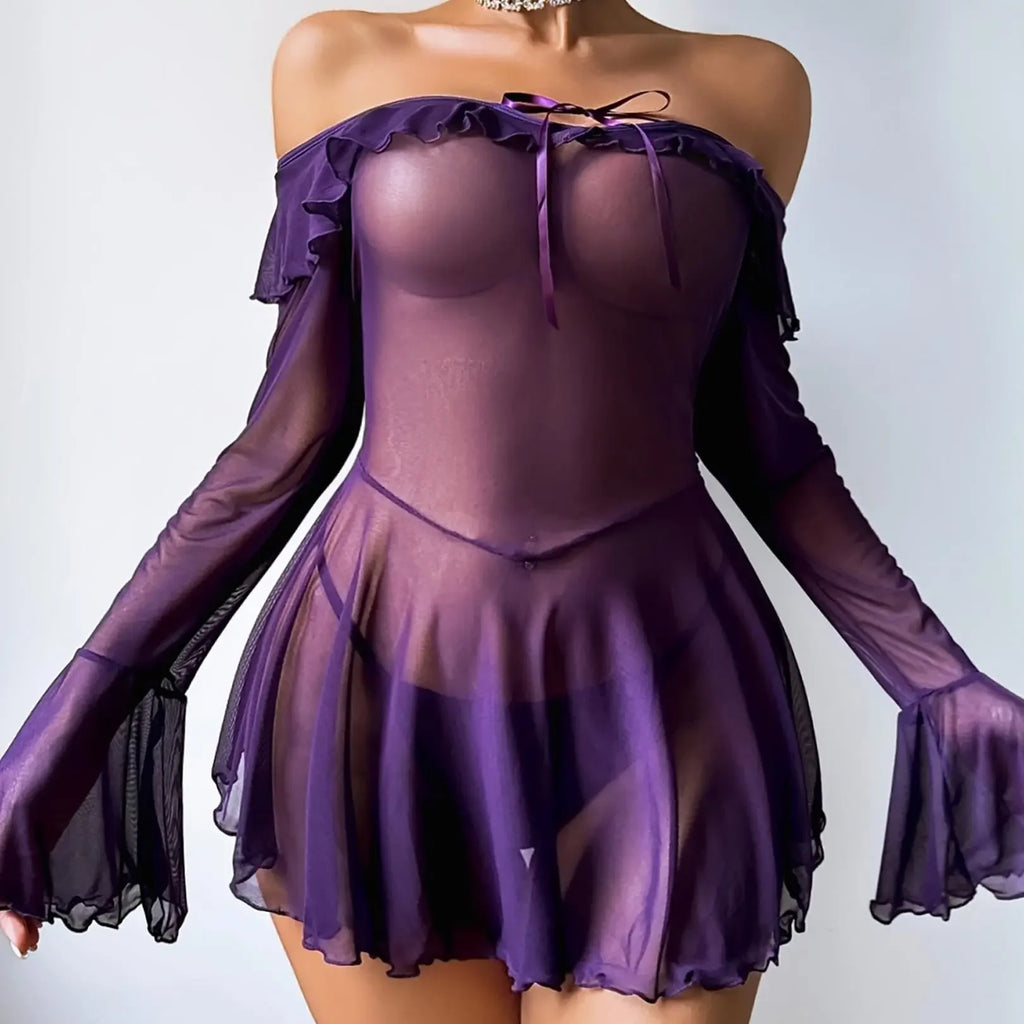 Striking Black Off-the-Shoulder Sheer Mesh Dress with Geometric Pattern and Flared Sleeves