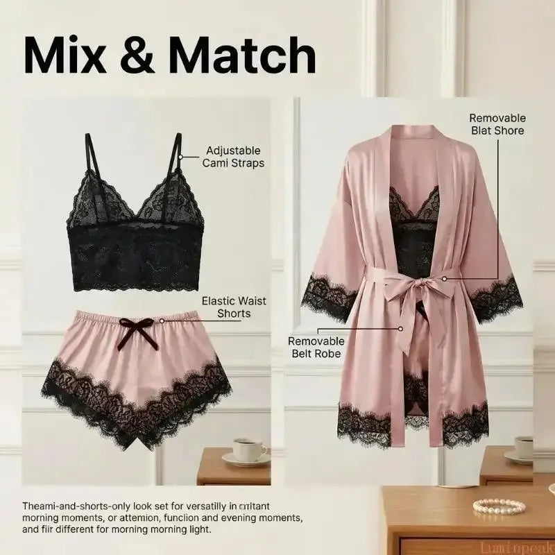 Romantic 4-Piece Satin-Finish Sleepwear Set with Bold Black Lace Trim