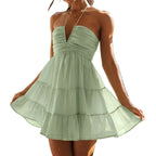 Sage Green Ruched Halter Bodice Dress with Tiered Ruffled Skirt