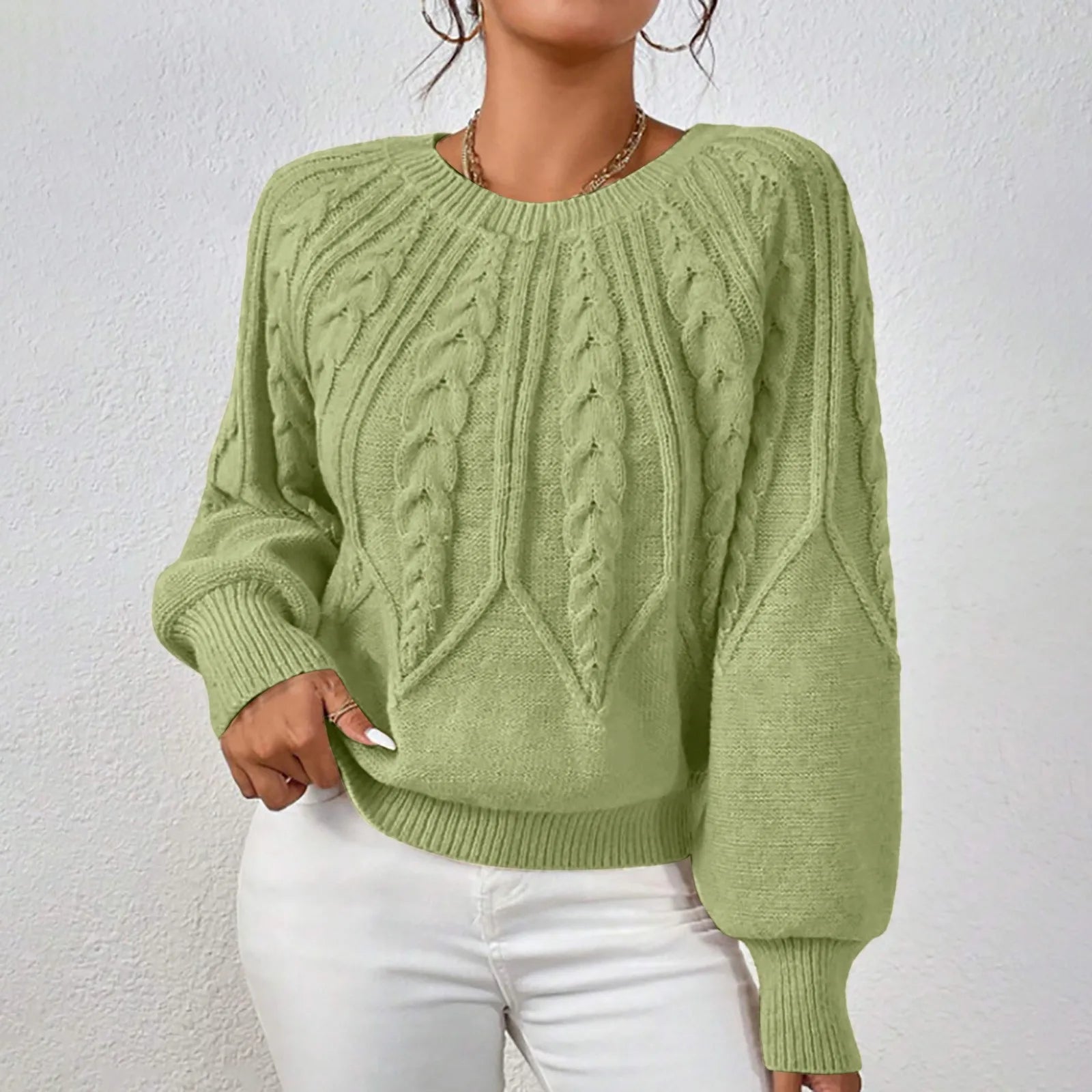 Women's Textured Cable Knit Crew Neck Relaxed Fit Sweater Pullover