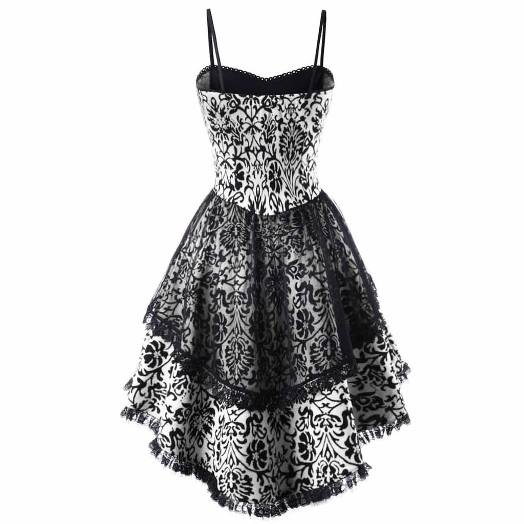 Gothic-Inspired Red and Black Lace Overlay Mini Dress with Tiered Hem