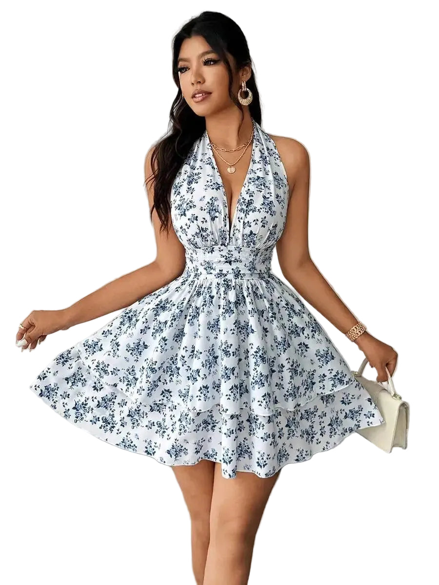 Floral Print Halter V-Neck Mini Dress With Flowy A-Line Summer Silhouette