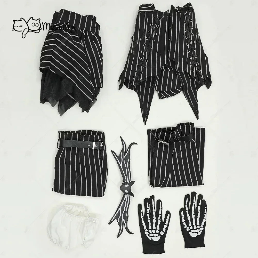 Women's Striped Corset Style Top and Layered Skirt Costume Set with Gloves