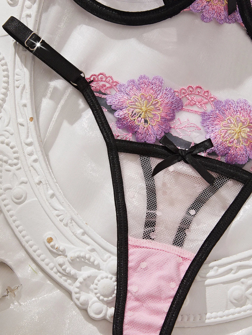 Playful Pink Floral Embroidery Cutout Underwire Bra and Thong Set