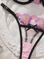 Playful Pink Floral Embroidery Cutout Underwire Bra and Thong Set