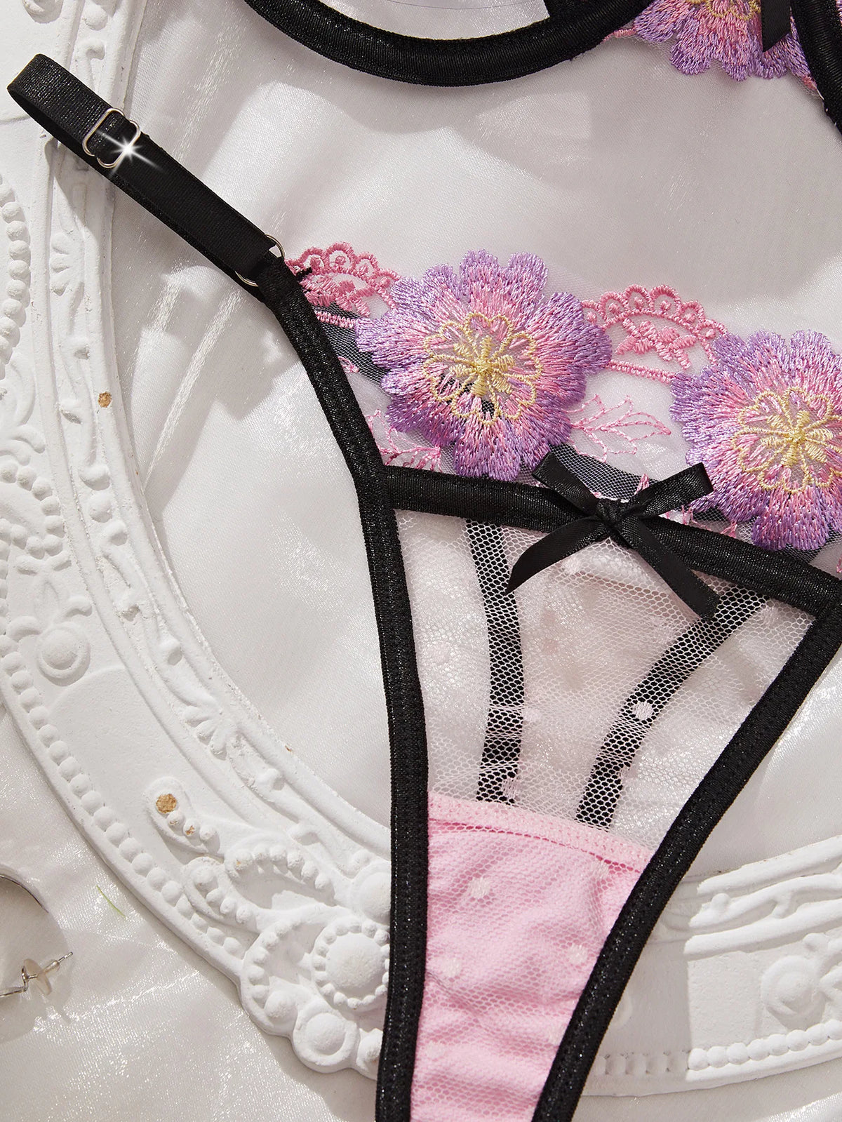 Playful Pink Floral Embroidery Cutout Underwire Bra and Thong Set