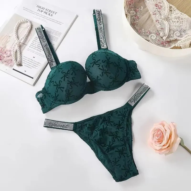 Vivid Magenta Contour Bra and Thong Set with Crystal-Embellished Straps