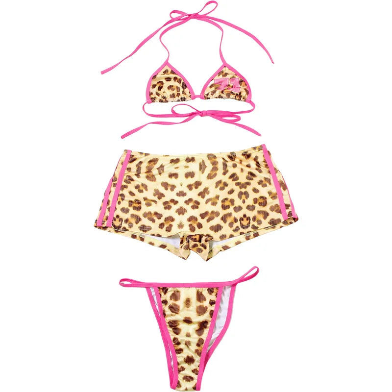 Three-Piece Leopard Print String Bikini Set with Pink Contrast Binding