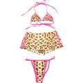 Three-Piece Leopard Print String Bikini Set with Pink Contrast Binding
