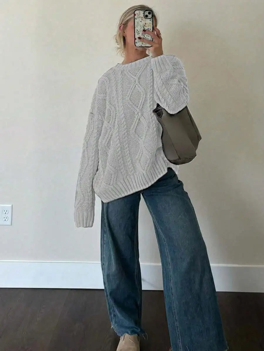 Women's Cable Knit Crew Neck Sweater with Relaxed Long Sleeve Silhouette