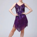 Dazzling White Sequin and Tassel Fringe Mini Dress with V-Neckline