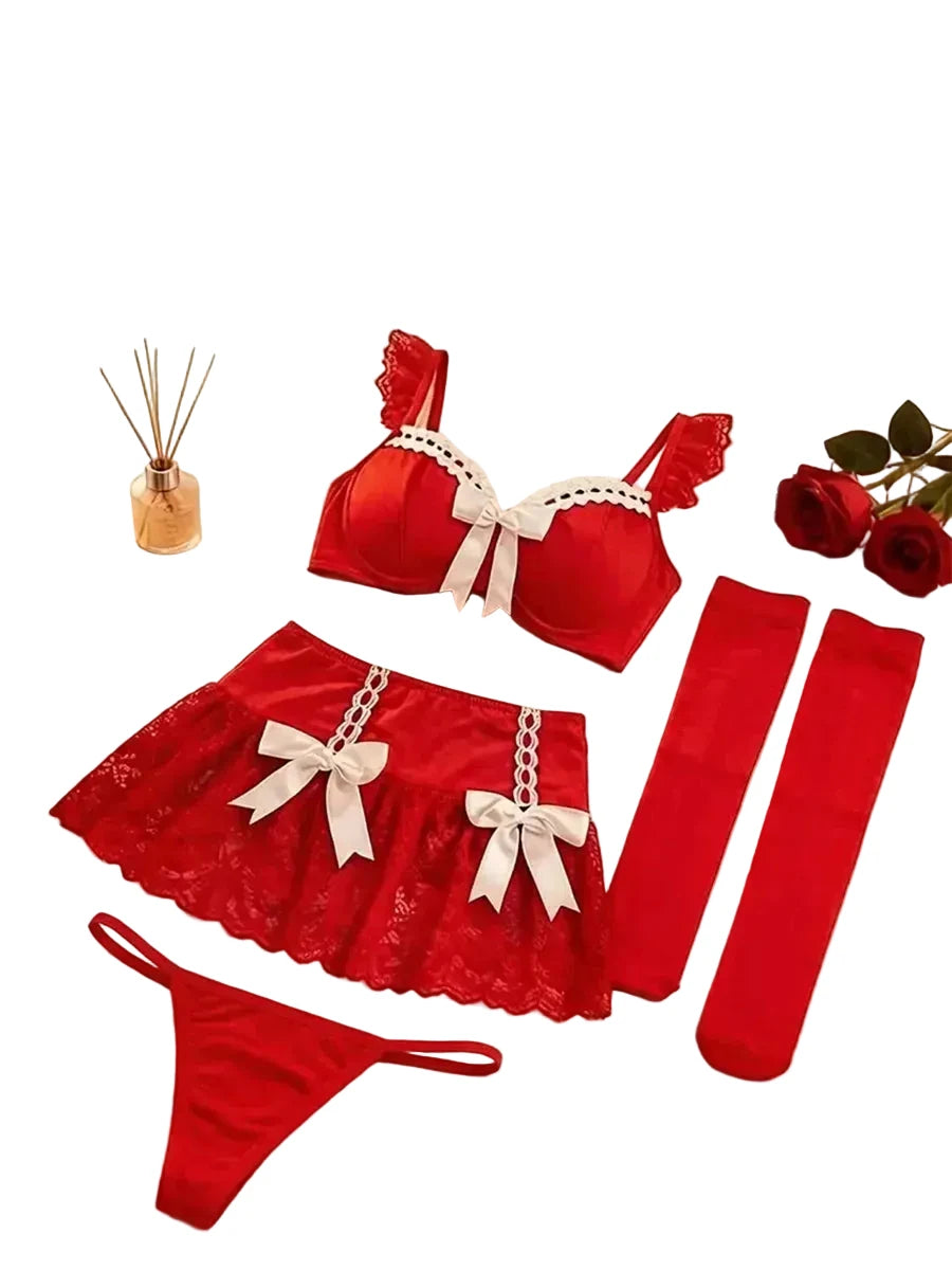 Boudoir Satin Bow Ruffled Bralette, Pleated Mini Apron Skirt, Thong, and Stocking Set