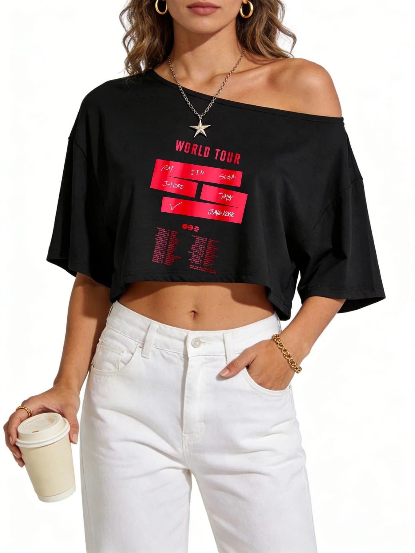 Off Shoulder Graphic Crop Tee with Batwing Sleeves and Relaxed Fit